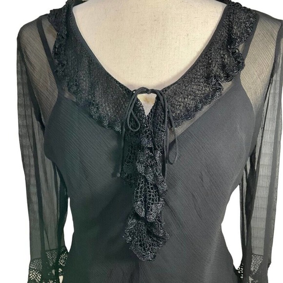ECI S Black Silk Chiffon Ruffle & Lace Sheer Top & Camisole Womens Size Small - Picture 2 of 13